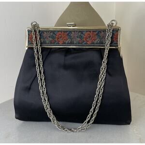VTG Mid century Harry Levine Black Satin Evening Handbag Needlepoint Floral Trim